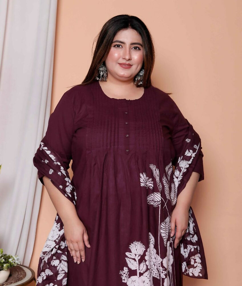 Miravan Womens Plus Size Wine Floral Kurta With Palazzo And Dupatta Set | Grocsy