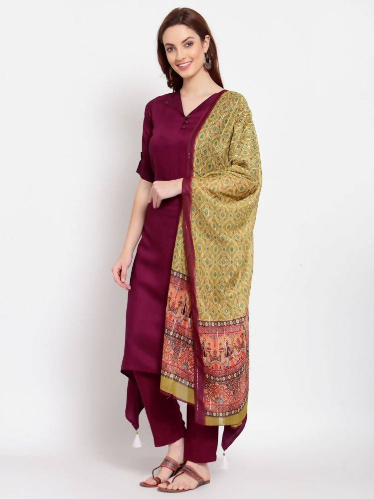Myshka Women's Burgandy Solid Cotton Half Sleeve V Neck Casual Kurta Pant Dupatta Set | Grocsy