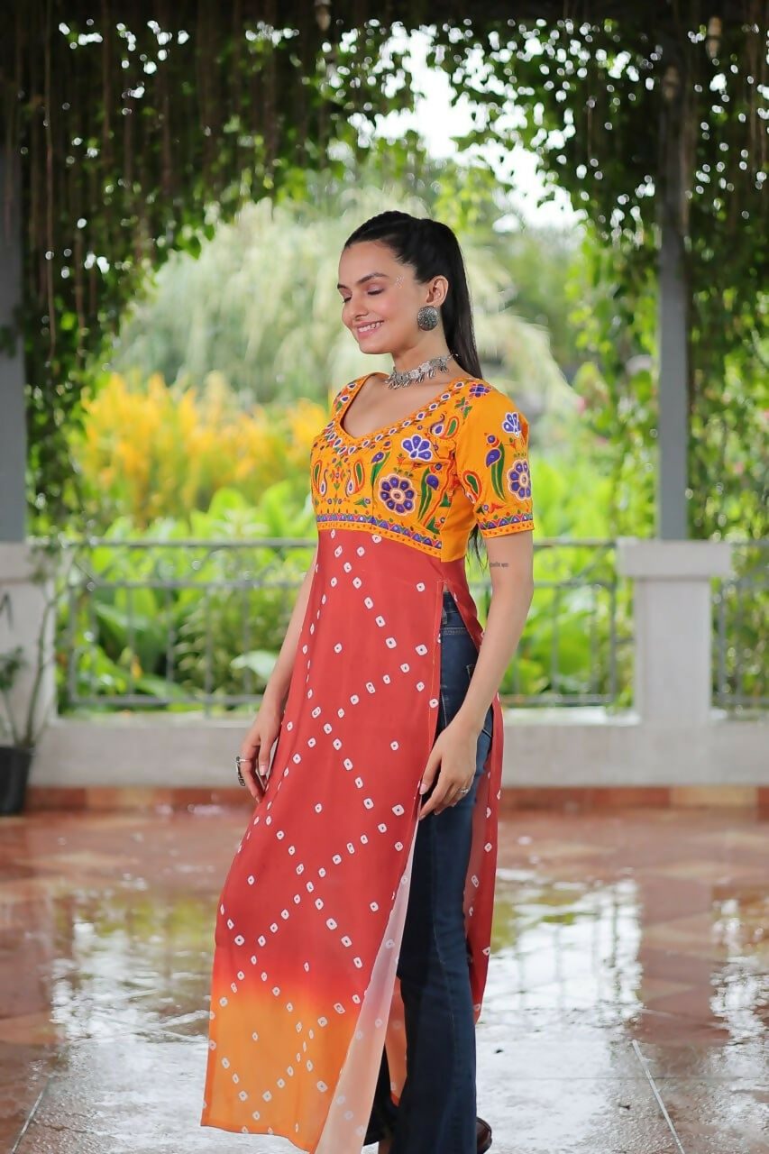Vastranavya Yellow Navratri Special Kutchi Gamthi Work with Printed Kurti | Grocsy