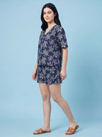 Breathables Woven Cotton Half Sleeves Turtle Shorts Set Blue | Grocsy