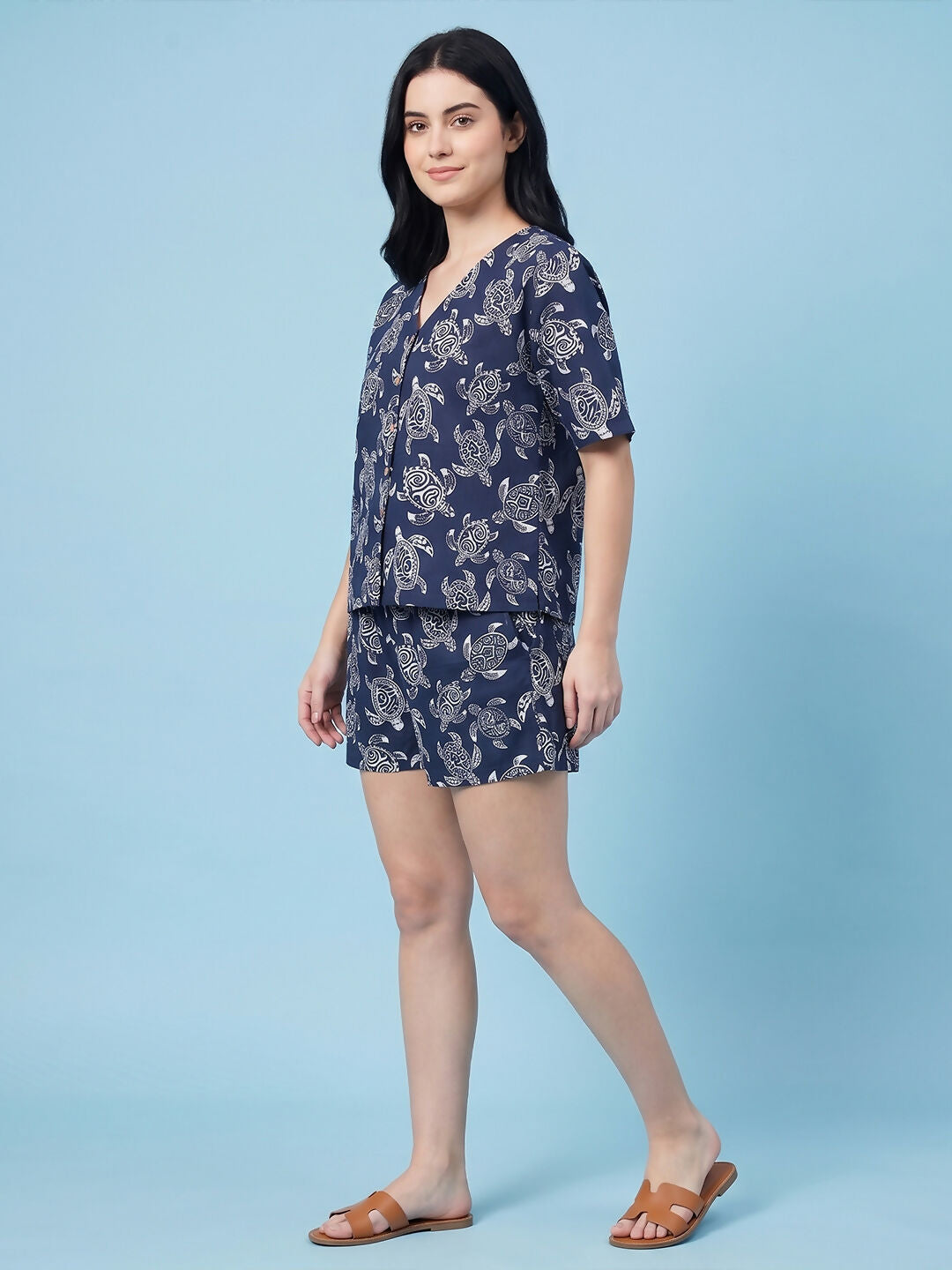 Breathables Woven Cotton Half Sleeves Turtle Shorts Set Blue | Grocsy