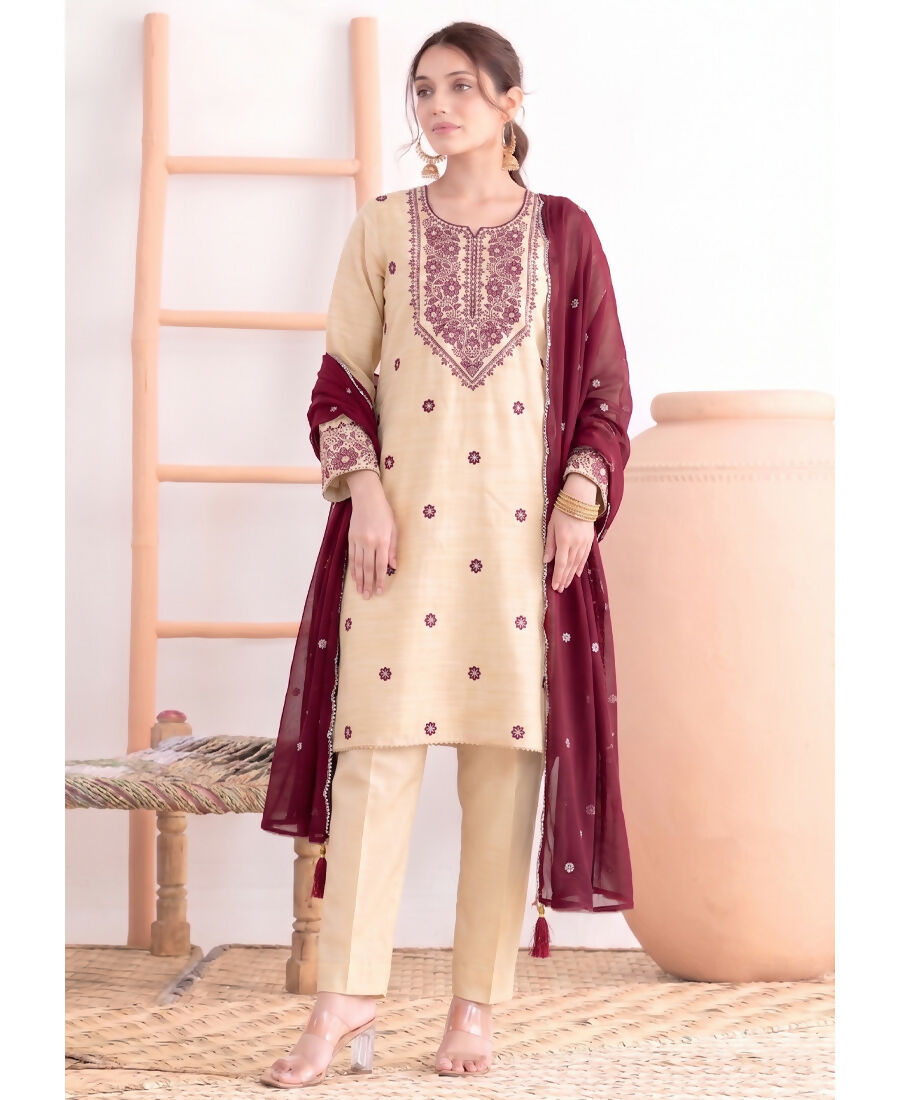 KC Khadi Cotton White Suit With Pink Dupatta 3 Piece Pair For Women | Grocsy