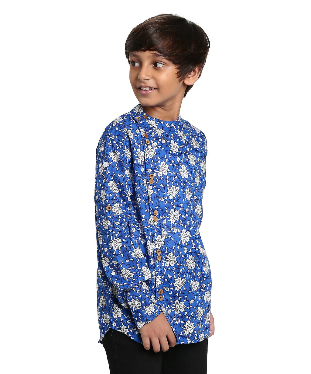 Manet Boys Full Sleeves Flower Printed Ethnic Shirt - Blue | Grocsy