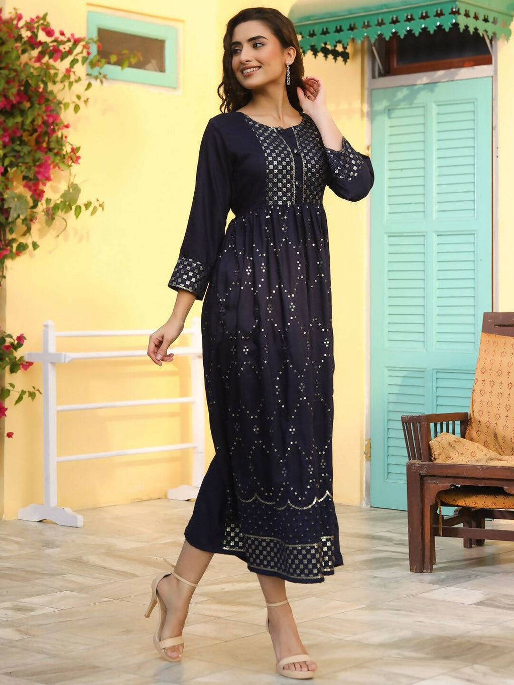 Juniper Women's Navy Festive Embroidered Flared Dress | Grocsy