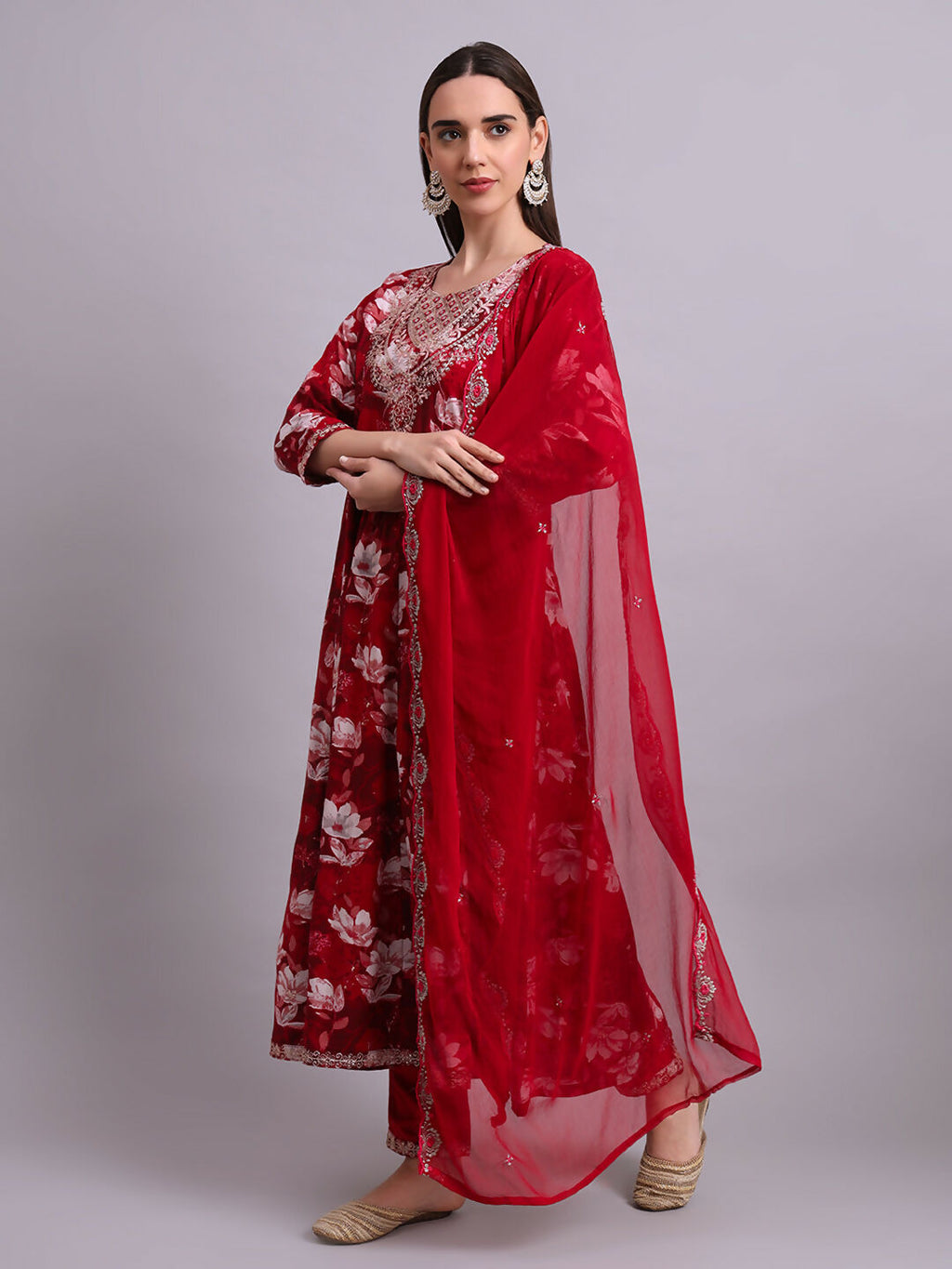 Joban Fashion Mahroon Cotton Floral Printed & Embroidery Work Anarkali Kurta With Trousers & Dupatta Set | Grocsy