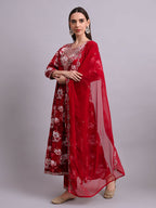 Joban Fashion Mahroon Cotton Floral Printed & Embroidery Work Anarkali Kurta With Trousers & Dupatta Set | Grocsy