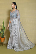 Grey Organza Satin Silk Floral Embroidered Festive Saree - Nimaya Denzy | Grocsy