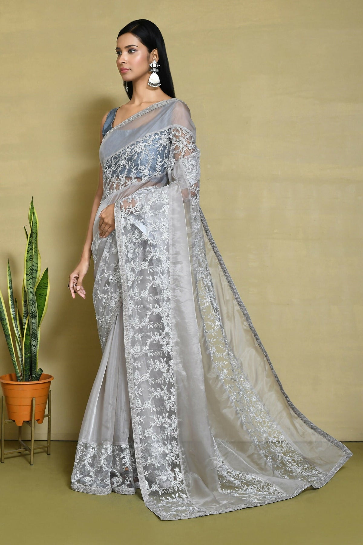 Grey Organza Satin Silk Floral Embroidered Festive Saree - Nimaya Denzy | Grocsy