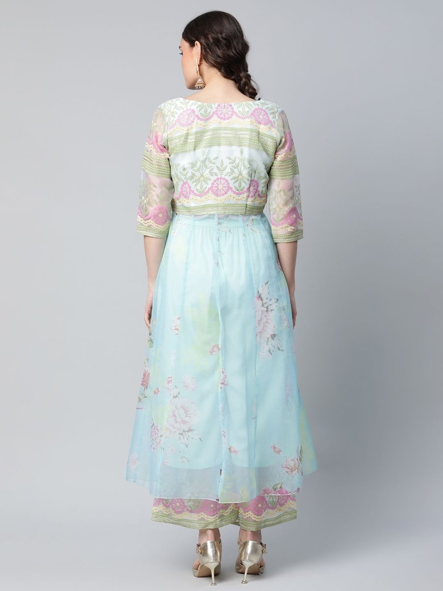 Ahalyaa Women Sea Green Organza Romantic Florals Kurta Palazzo Set | Grocsy