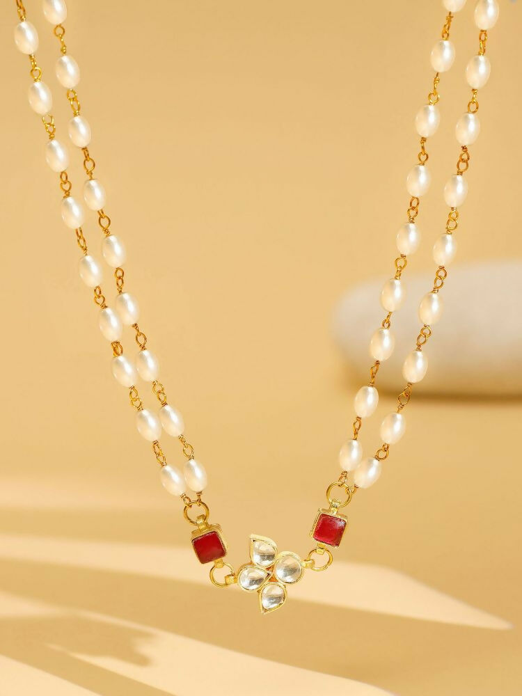 White and Red Beaded Gold Plated Flower Kundan Necklace - Ruby Raang | Grocsy