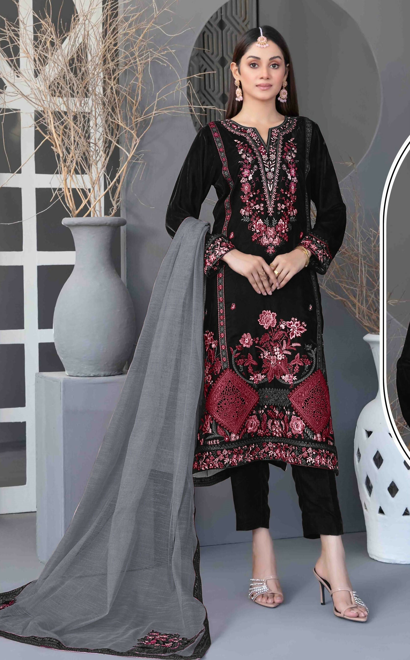 Anaita Black Velvet Suit with Embroidery Sequence Work | Grocsy