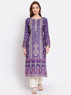 Myshka Women's Purple Printed Pashmeena Full Sleeve Round Neck Casual Kurta | Grocsy