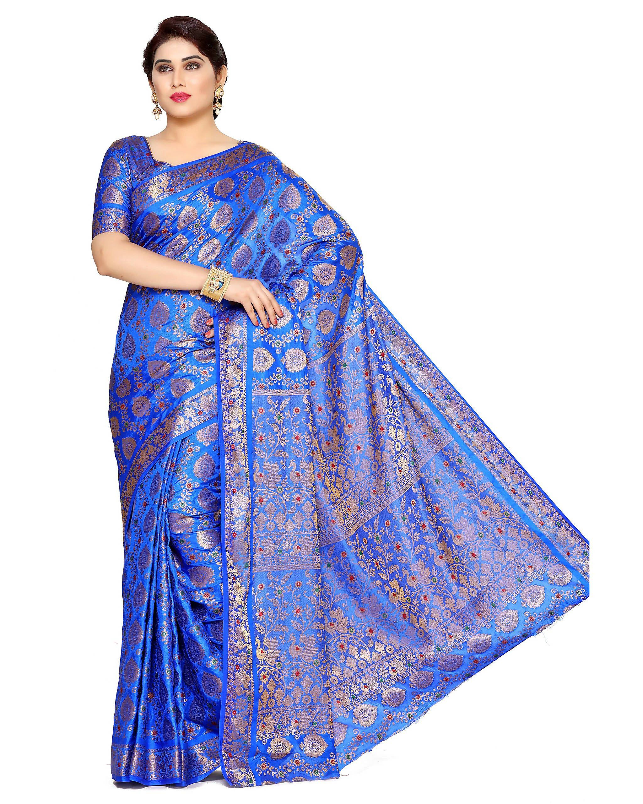 Mimosa Women's Blue Art Silk Kanjivaram Saree | Grocsy