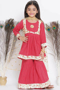 Little Bansi Floral Embroidery Jacket With Cotton Kantha Frock Sharara And Dupatta With Ghungroo Handwork - Red | Grocsy