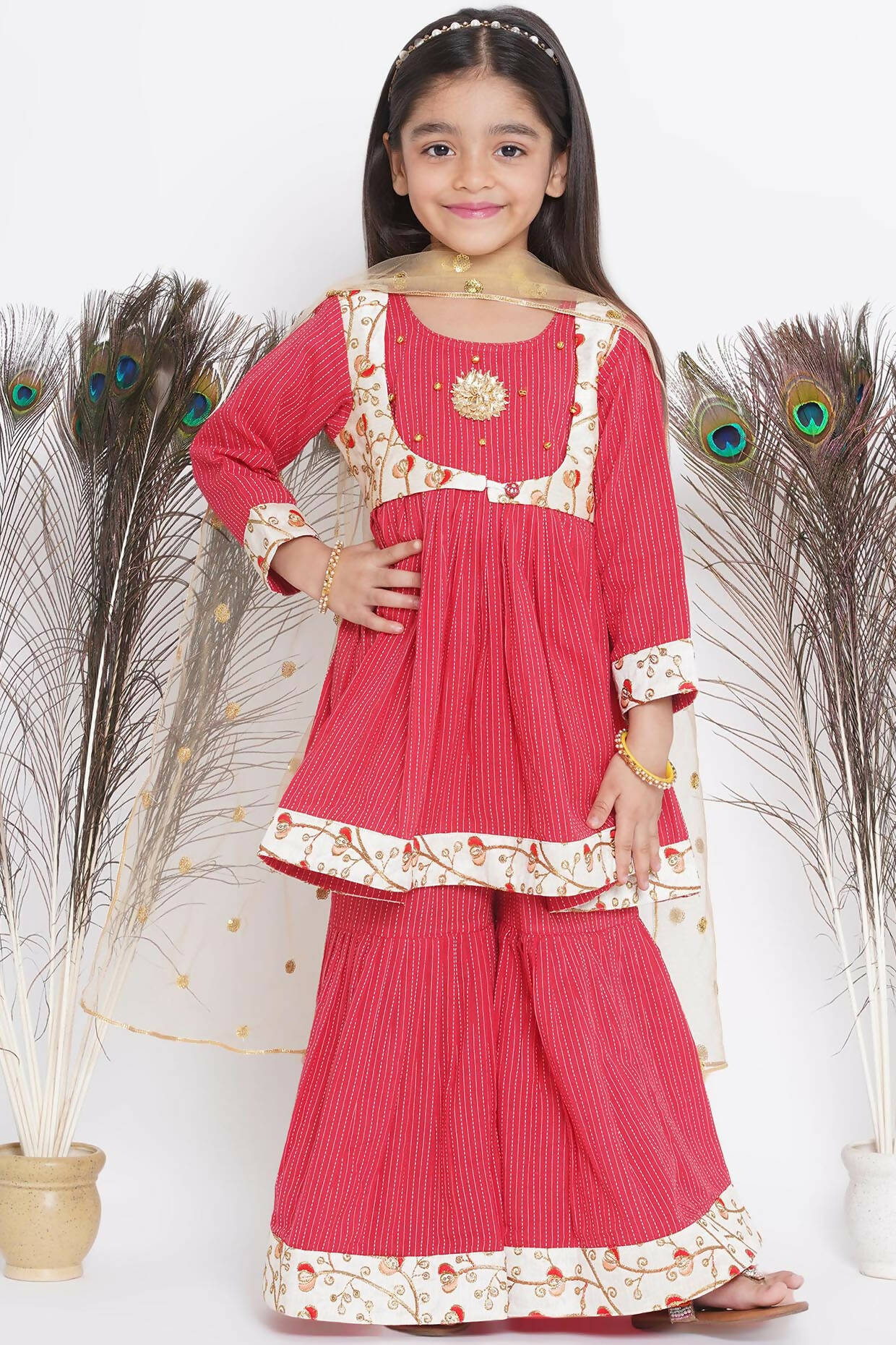 Little Bansi Floral Embroidery Jacket With Cotton Kantha Frock Sharara And Dupatta With Ghungroo Handwork - Red | Grocsy