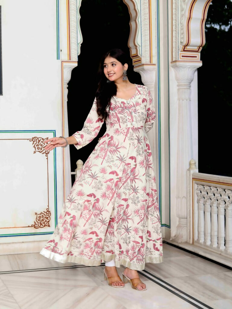 Miravan Women's Light Pink Cotton Gotapatti Birds And Leaf Floral Printed Anarkali Kurta | Grocsy
