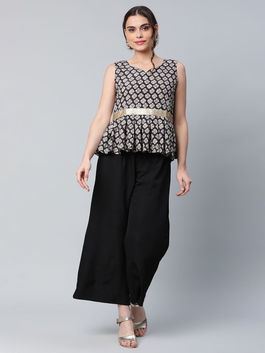 Ahalyaa Women Black Crepe Digital Printed Top with Palazzo Set | Grocsy
