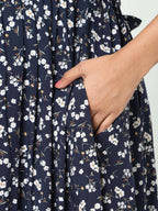 Manet Frill Slevees Maternity Dress Floral Print With Concealed Zipper Nursing Access - Navy | Grocsy