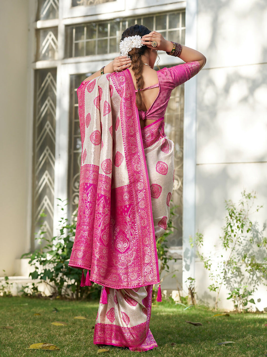Shree Shyam Fashion Cream With Pink Silk Blend Saree | Grocsy