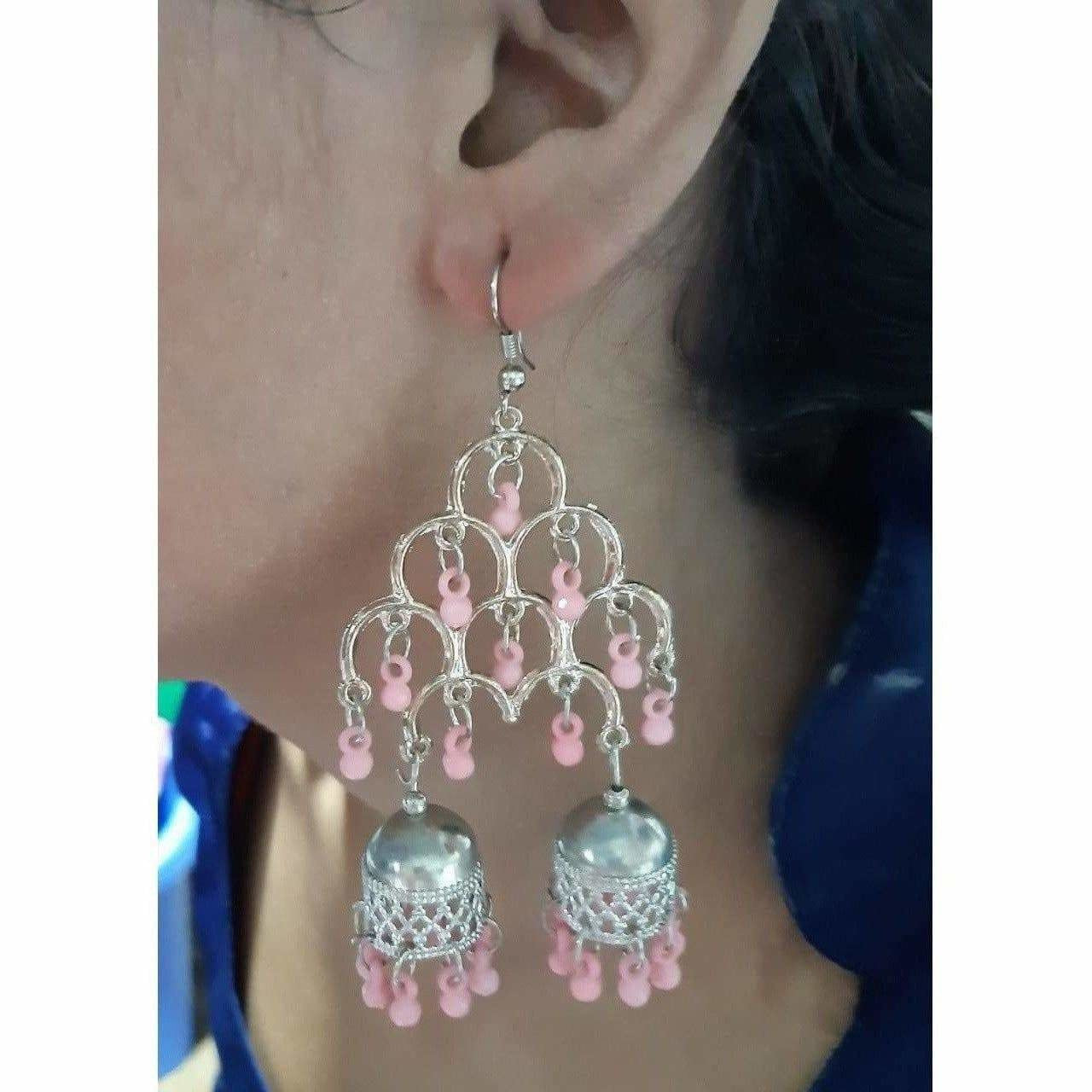 MS Fashion India Silver Oxidized Fashion Traditional Double Jhumka Long Light Pink Pearls Earrings | Grocsy
