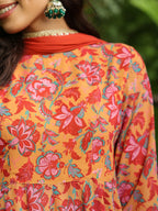 Janasya Mustard Georgette Floral Kurta,Bottom & Dupatta | Grocsy