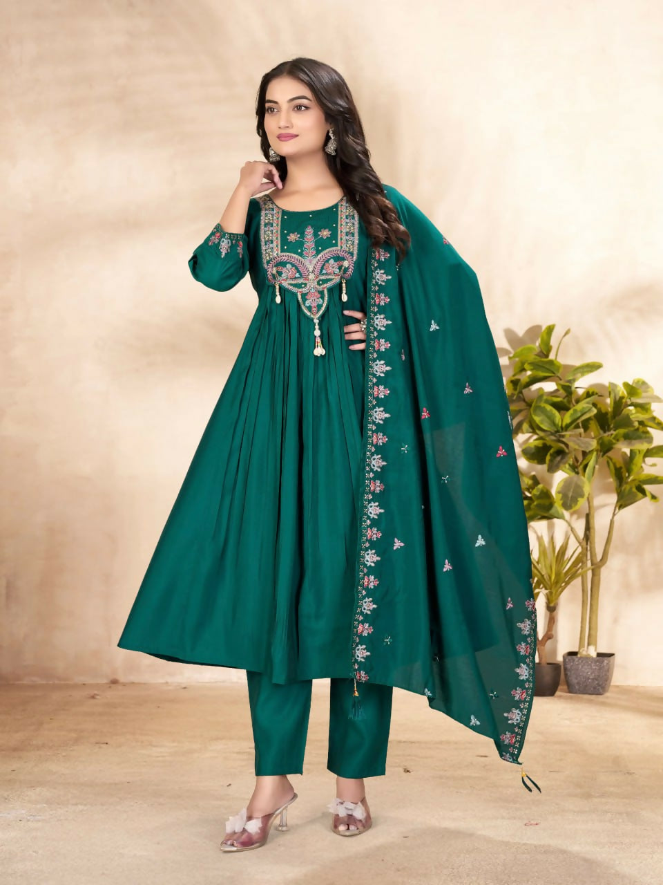 Lehenga Mart Designer Anarkali Suit With Kurta, Pant, Dupatta For Women-Teal | Grocsy