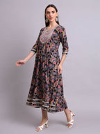 Joban Fashion Black Cotton Floral Printed & Embroidery Work Anarkali Dress | Grocsy