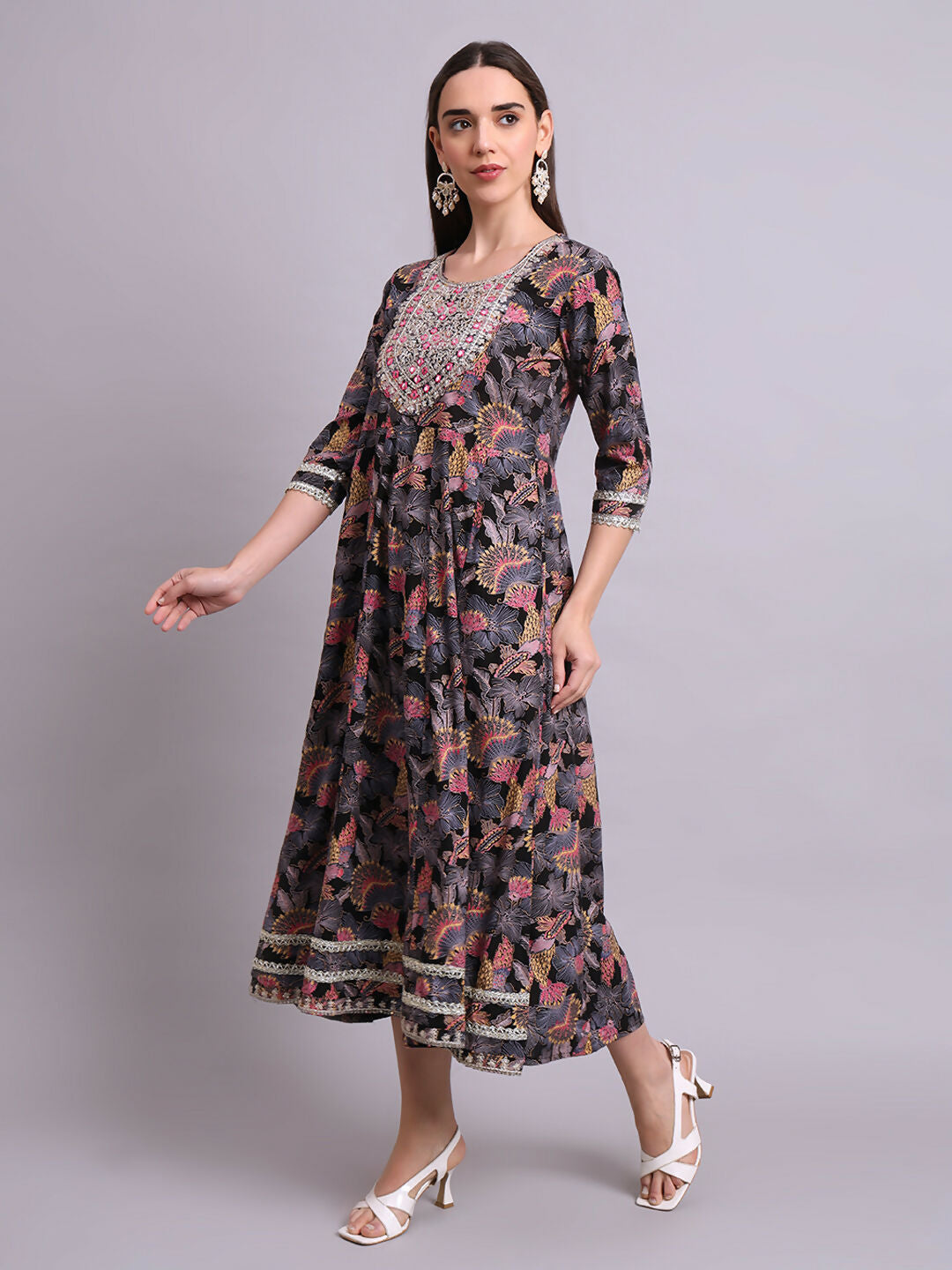Joban Fashion Black Cotton Floral Printed & Embroidery Work Anarkali Dress | Grocsy