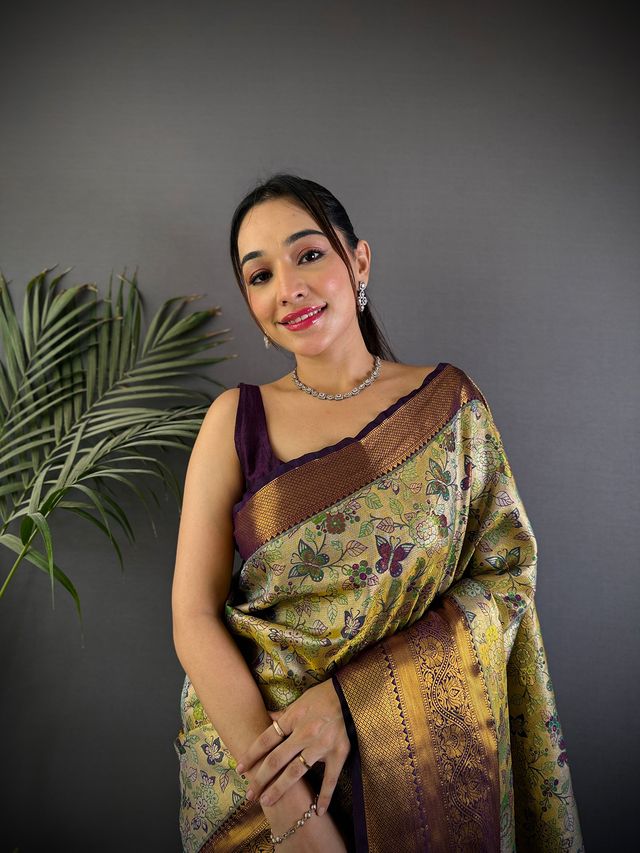 Elora Green Silk Leheriya Meenakari Zari Weaves Dharmavaram Saree | Grocsy