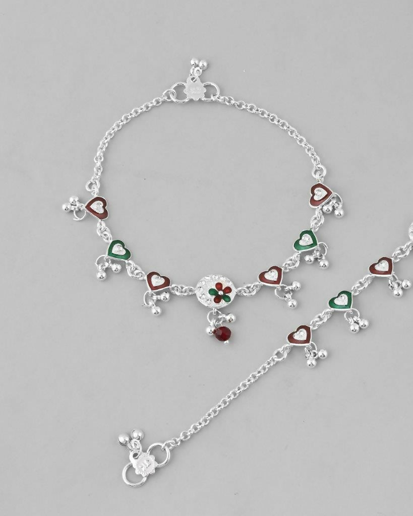 VOJ Set of 2 Stone Studded Heart Shaped Traditional Anklet | Grocsy