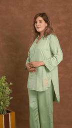Gharana India Jashn Premium Women's Chikankari Embroidered Twilight Silk Co-ord Set - Sage Green | Grocsy