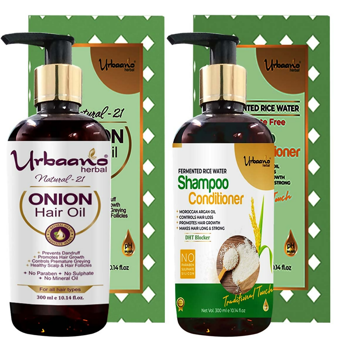 Urbaano Herbal Natural 21 Onion Hair Oil & Fermented Rice Extract Rich Shampoo | Grocsy