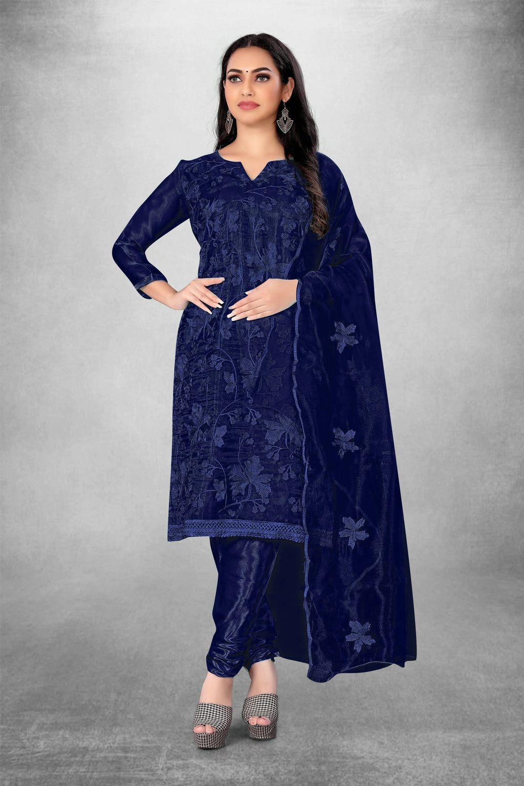 Navy Blue Heavy Organza Silk Embroidered Unstitched Dress Material - Amara | Grocsy