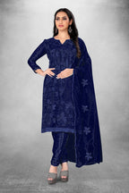 Navy Blue Heavy Organza Silk Embroidered Unstitched Dress Material - Amara | Grocsy