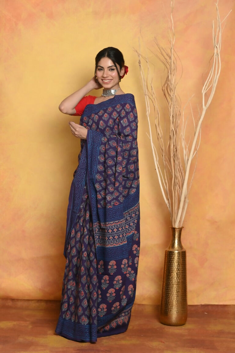 Very Much Indian Handblock Printed Cotton Saree With Natural Dyes - Blue | Grocsy