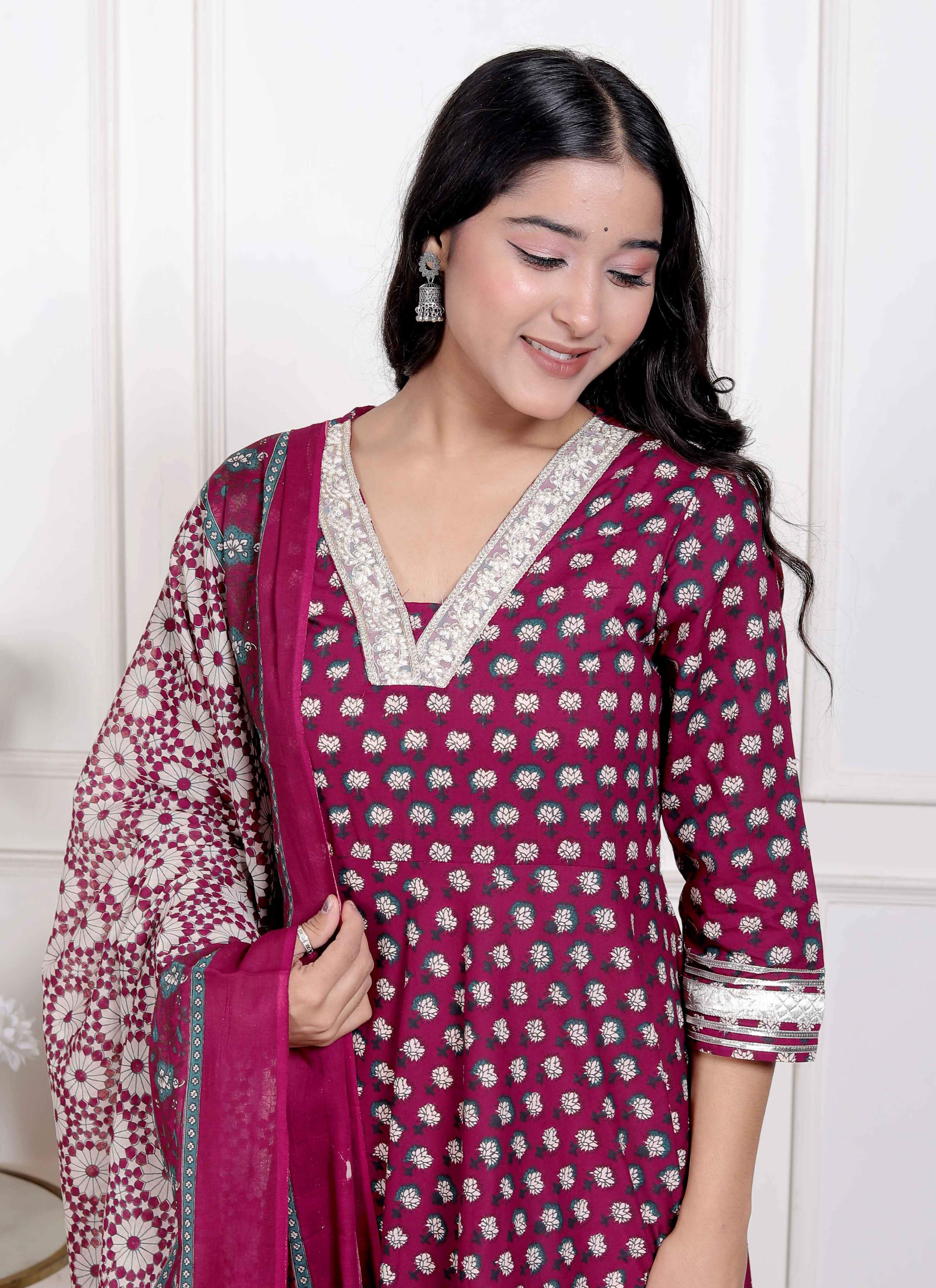 Miravan Women's Maroon embroidered Anarkali Kurta and Dupatta | Grocsy