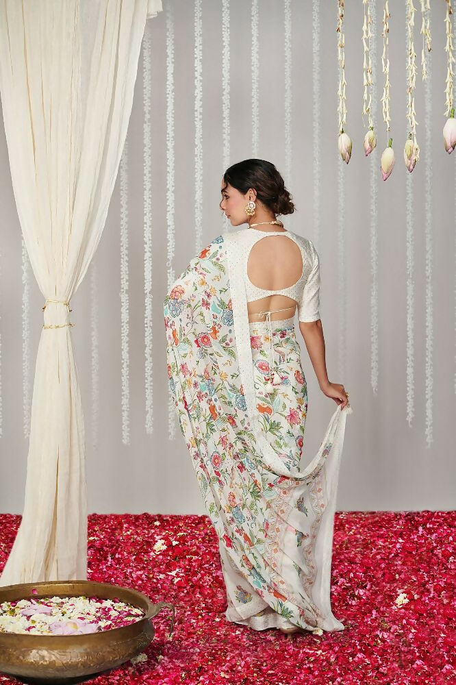 Off White Bright Moss Designer Digital Printed Party Wear Saree - Be Verly | Grocsy