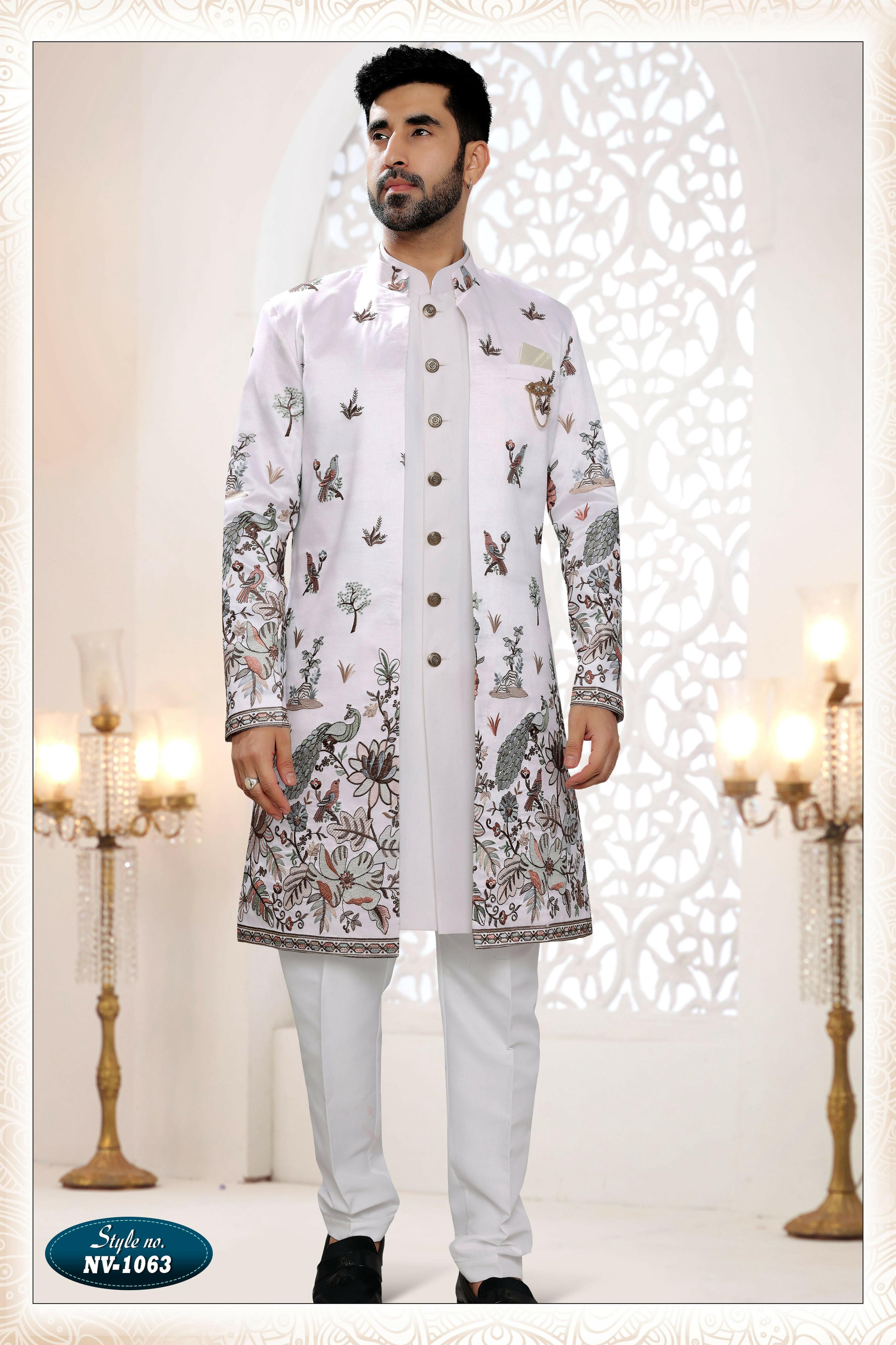 Joban Fashion Men's White Straight Silk Thread And Sequence Embroidery All Over 3 Pc Kurta Set | Grocsy