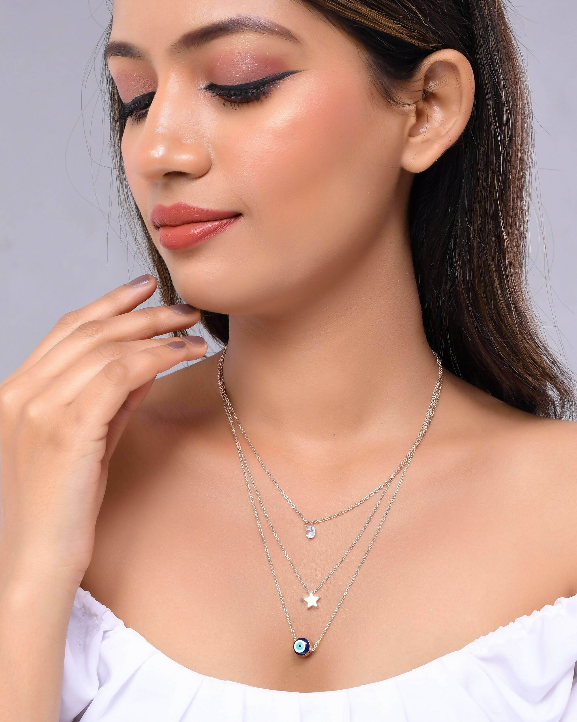 VOJ Women Stainless Steel 3 Layered Sliver Tonned Chain Set | Grocsy