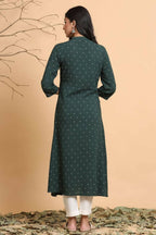 Juniper Women Jade Green Rayon Slub Bandhani Printed A-Line Kurta | Grocsy