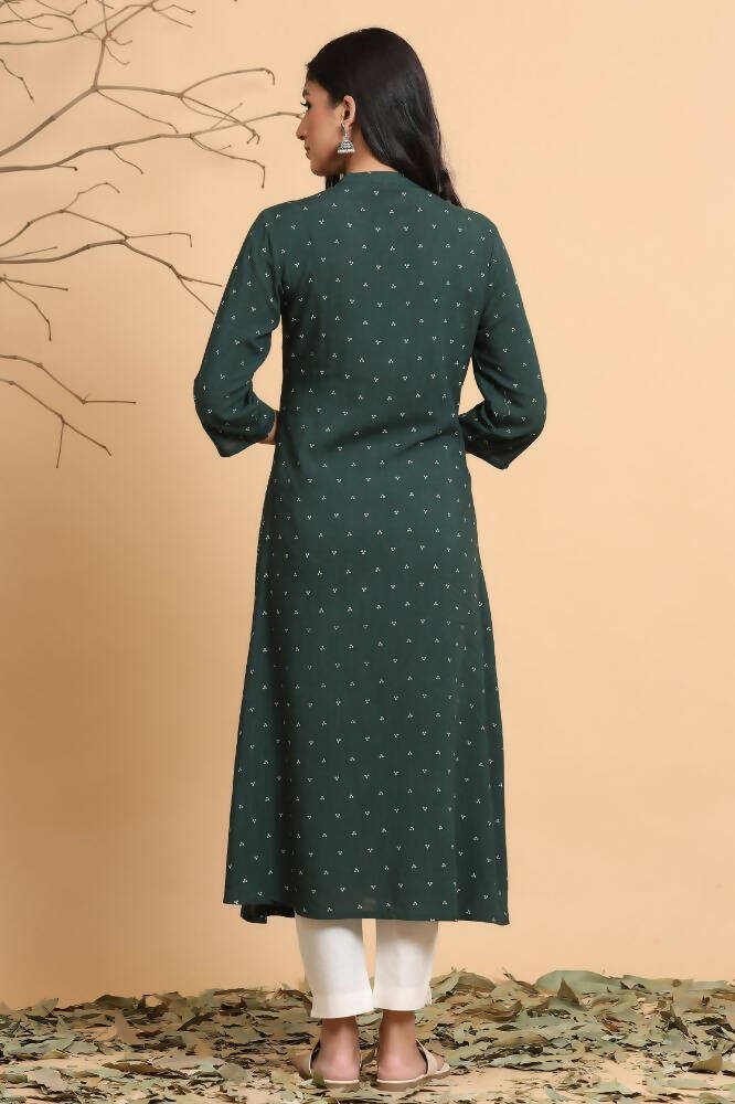 Juniper Women Jade Green Rayon Slub Bandhani Printed A-Line Kurta | Grocsy