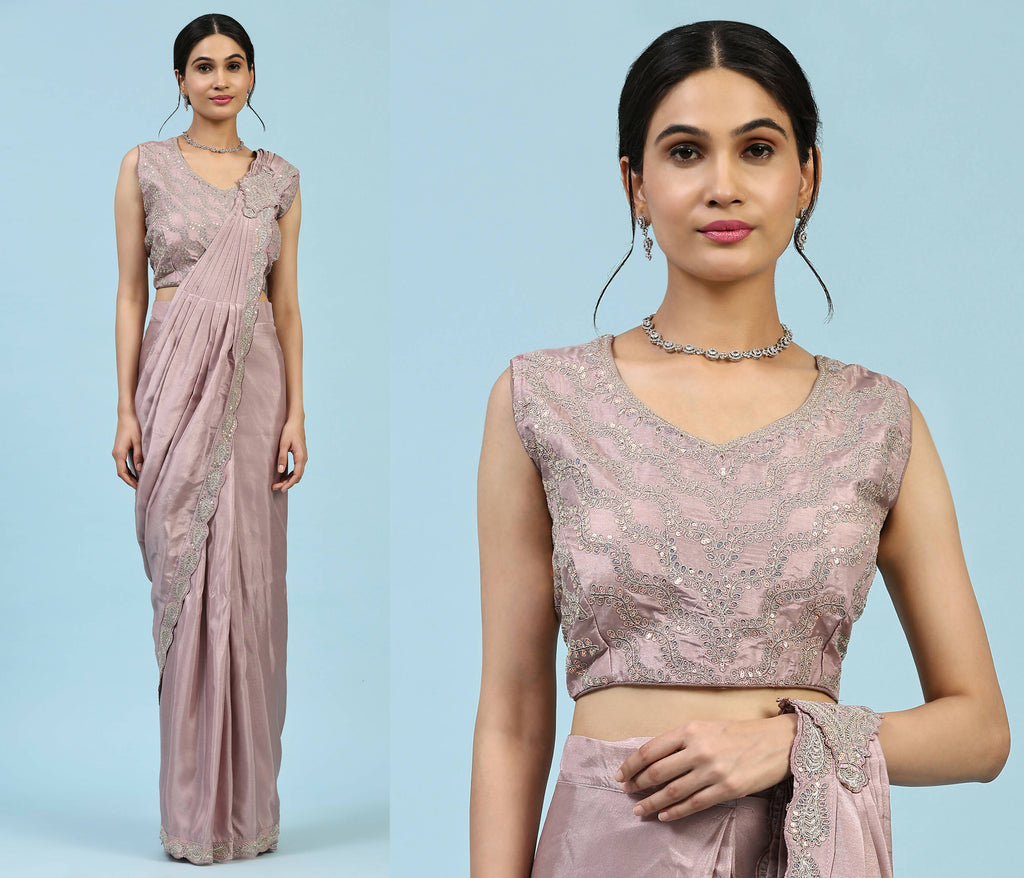 Lavendar Silk Satin Plain Ready to wear Saree with stitched Blouse - Vrinda | Grocsy