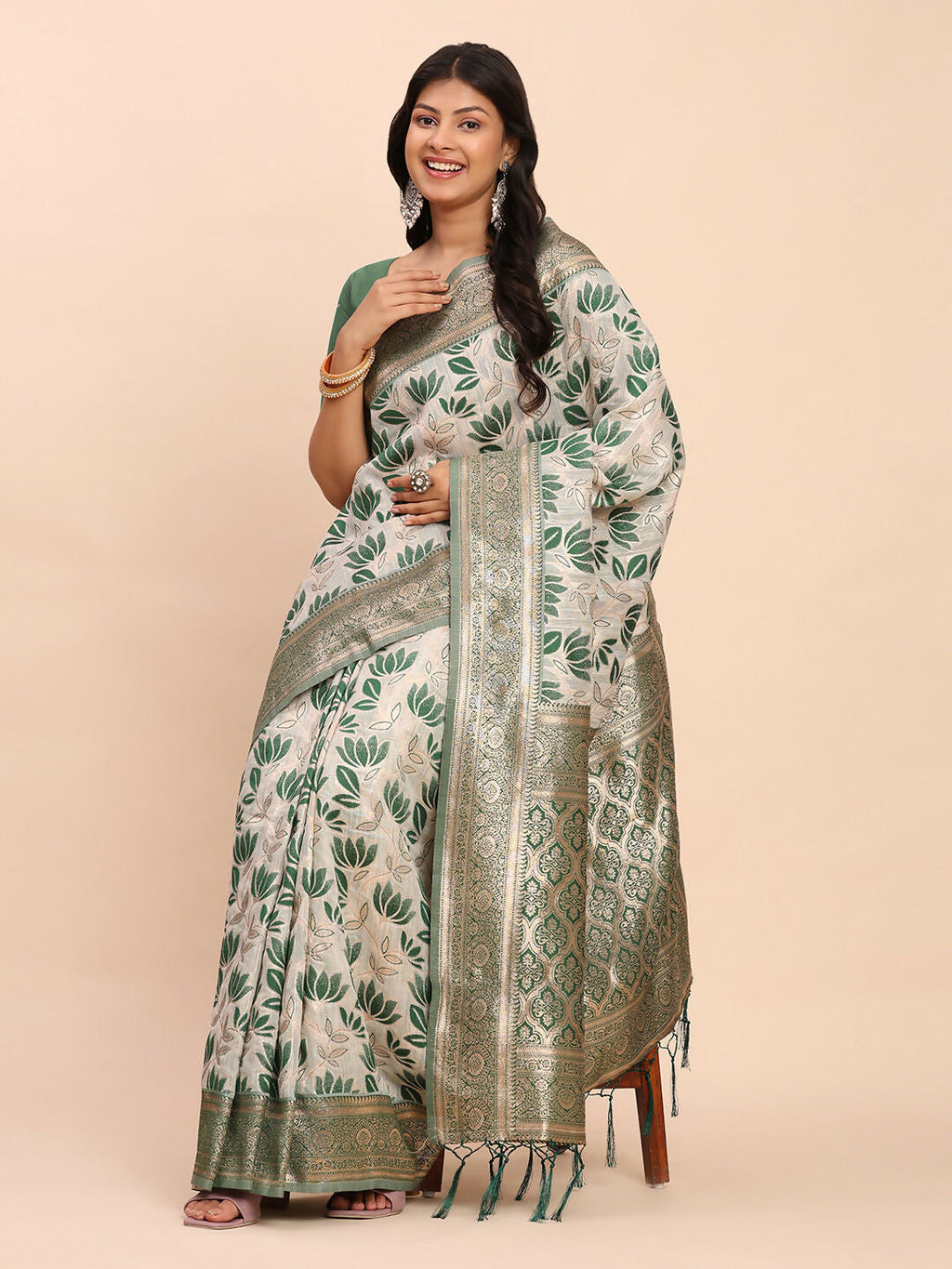 Shree Shyam Fashion Linen Cotton Green Saree | Grocsy