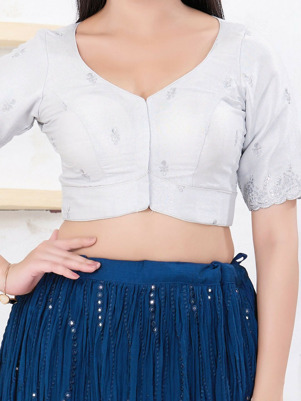 Joban Fashion Silver Shimmer Elbow Sleeveless Front Open Blouse | Grocsy
