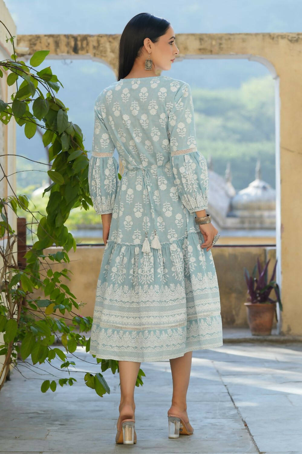 Juniper Women's Sky Blue Printed Flared Dress | Grocsy