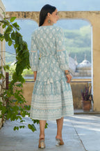 Juniper Women's Sky Blue Printed Flared Dress | Grocsy