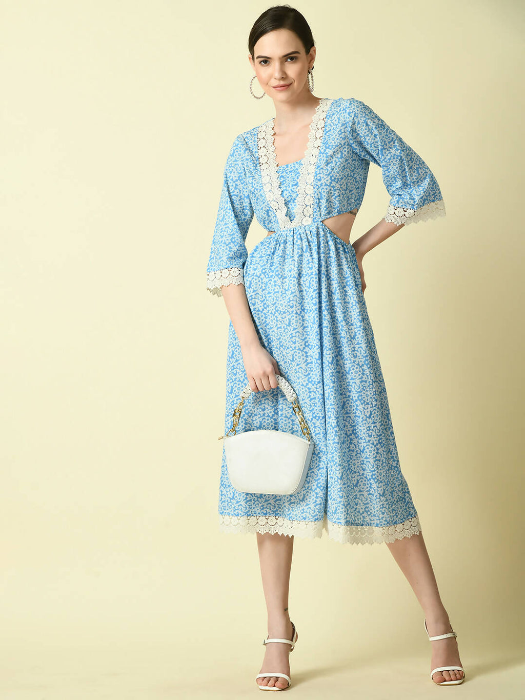 Myshka Women's Blue Floral Printed Fit and Flare Dress | Grocsy