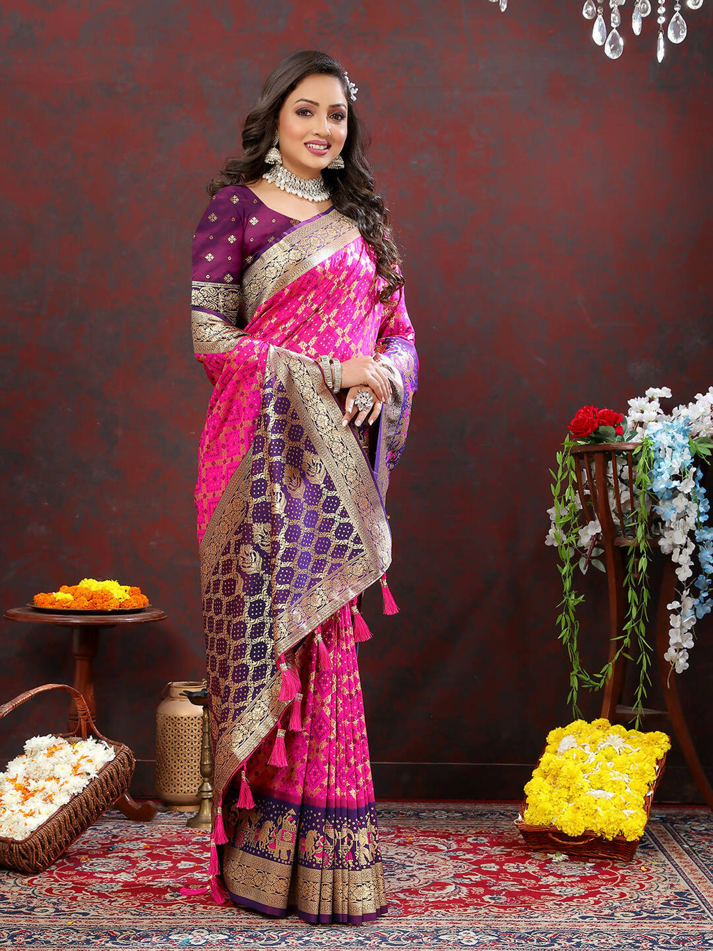 Lorenvalley Fashion Magenta & Wine Patola Silk Woven Design Meenakari Weaving Saree | Grocsy