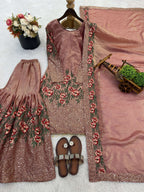 Teeya Creation Peach Fendy Silk Heavy Embroidery Work Party Wear Sharara Suit | Grocsy