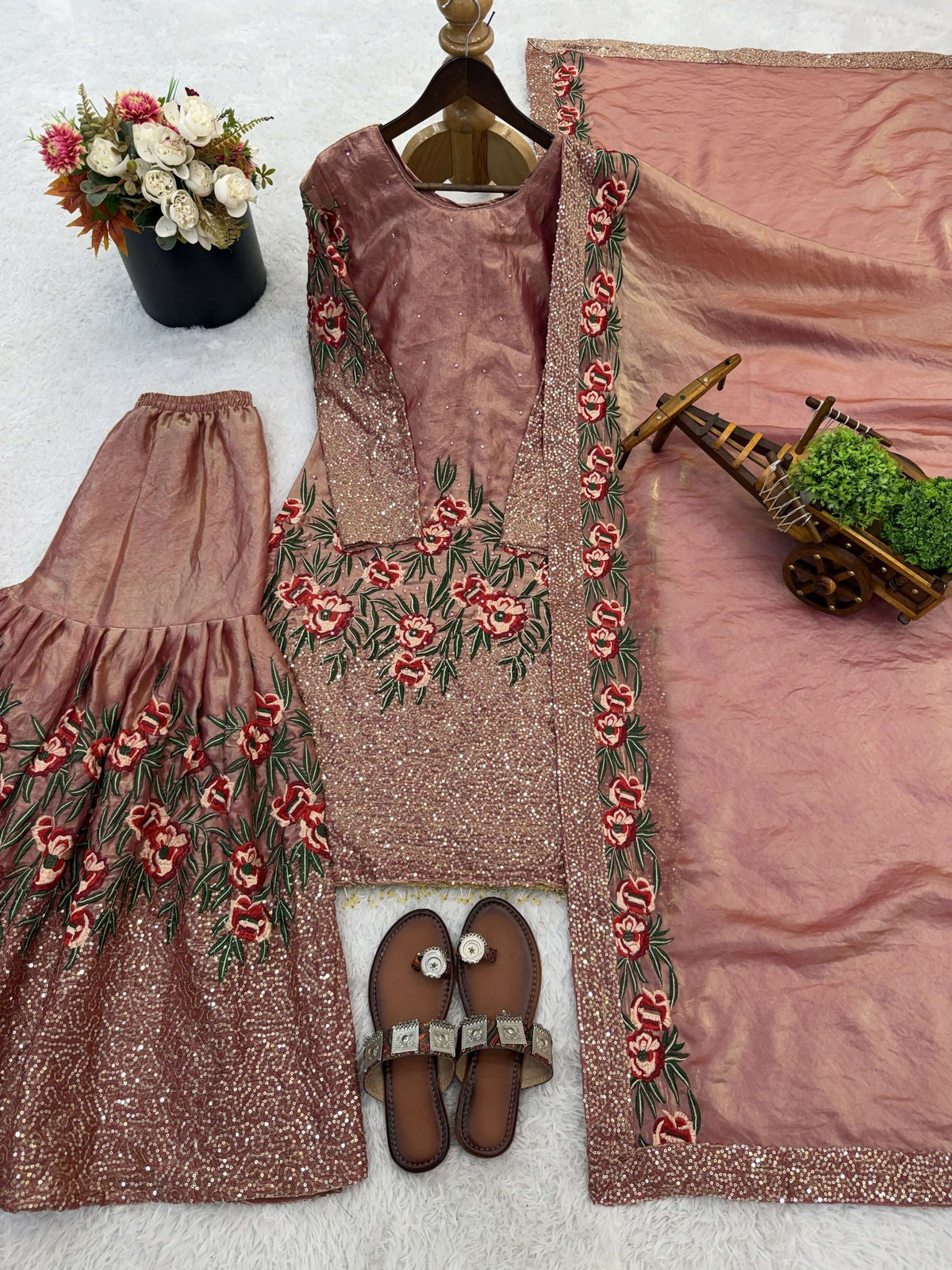 Teeya Creation Peach Fendy Silk Heavy Embroidery Work Party Wear Sharara Suit | Grocsy